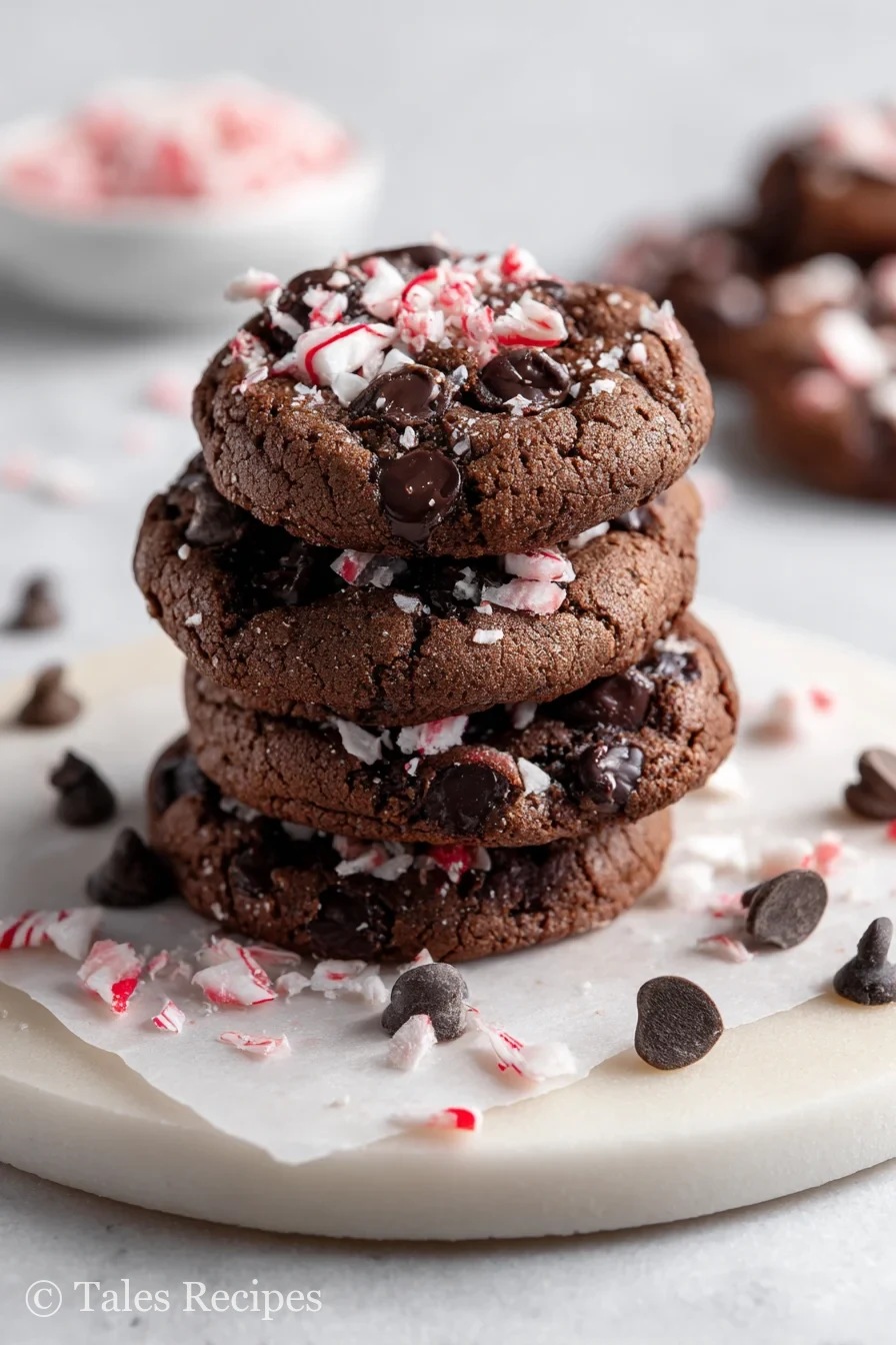 Peppermint chocolate cookies with crushed candy canes on marble counter