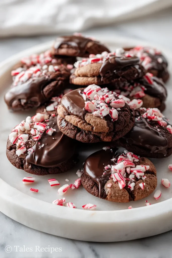 Peppermint chocolate cookies arranged on a platter with festive candy pieces