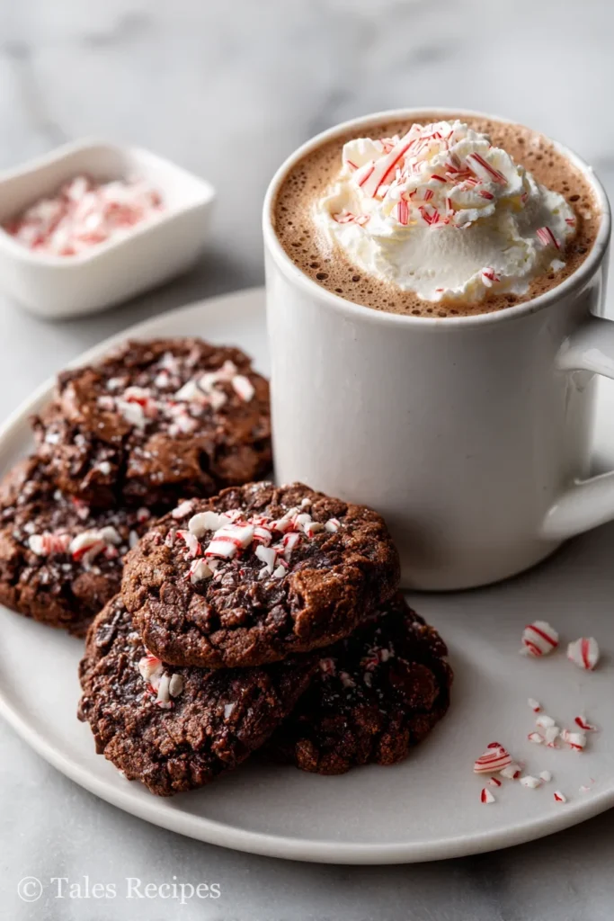 Peppermint chocolate cookies with mug of hot chocolate and candy cane garnish