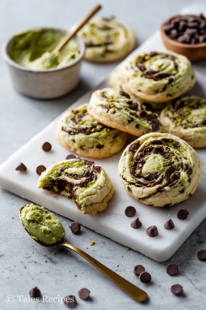 Cookies with pistachio butter swirled in and a spoonful of spread nearby