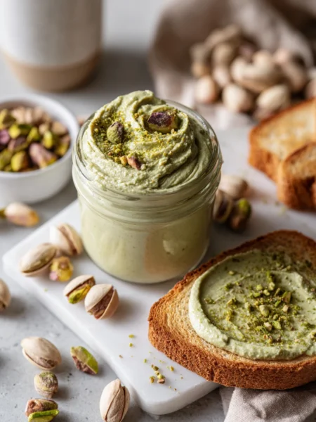 Creamy pistachio butter in a jar with toast and fresh pistachios