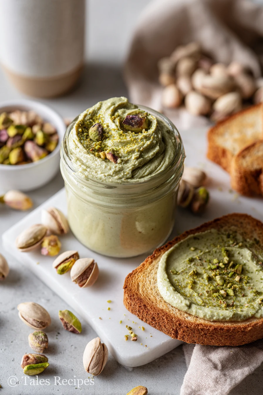 Creamy pistachio butter in a jar with toast and fresh pistachios