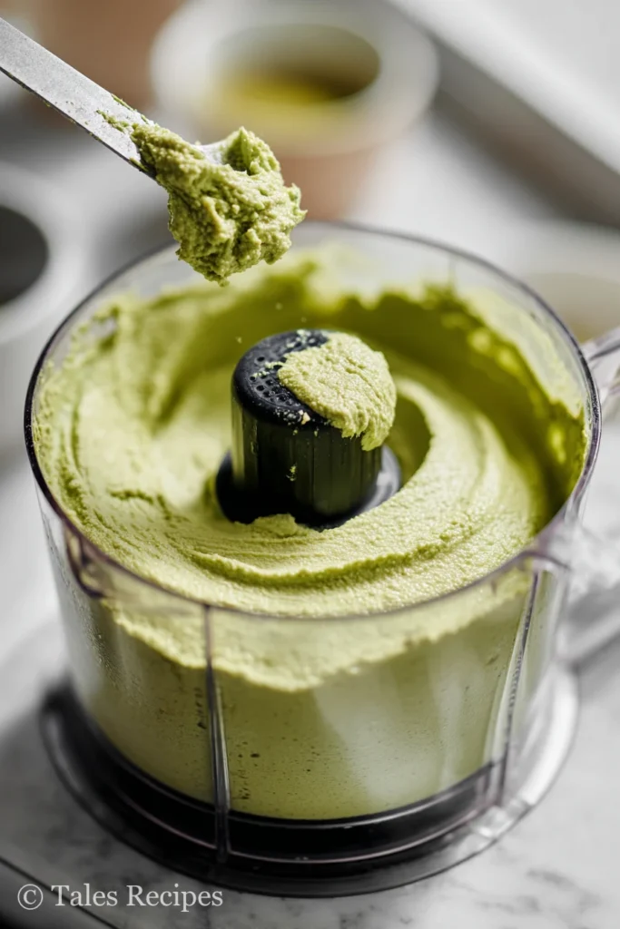 Creamy pistachio butter blended in food processor close up