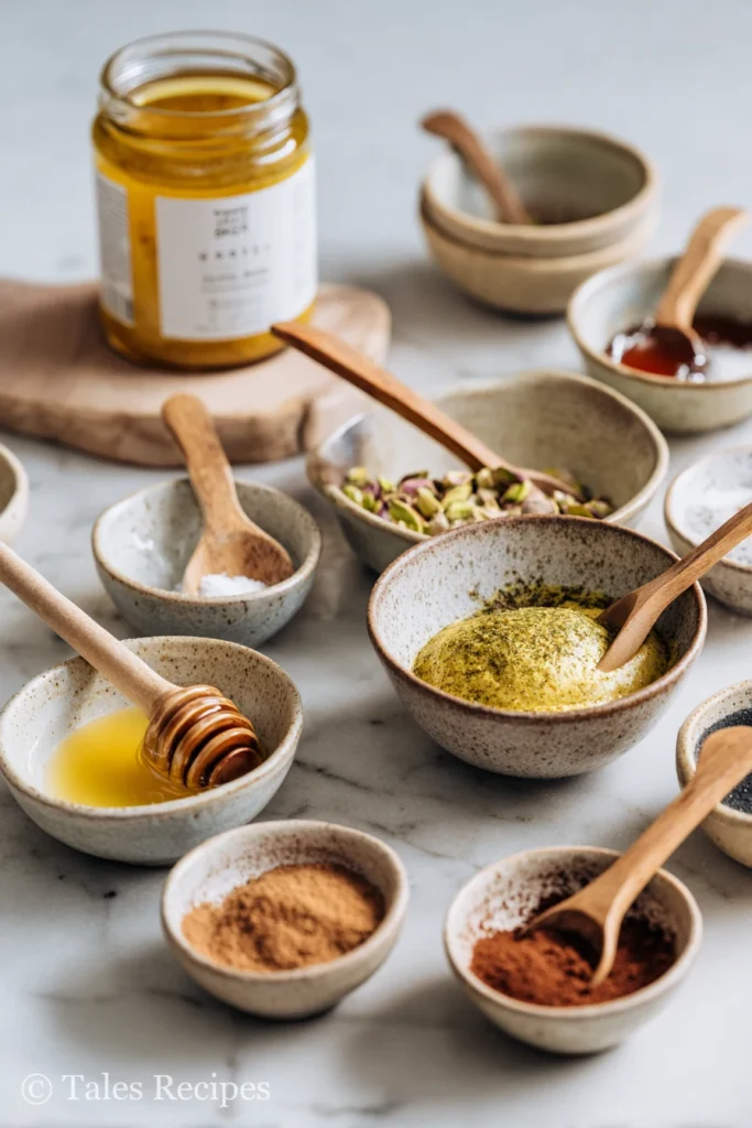 Pistachio butter with bowls of honey, cinnamon, cocoa, and vanilla