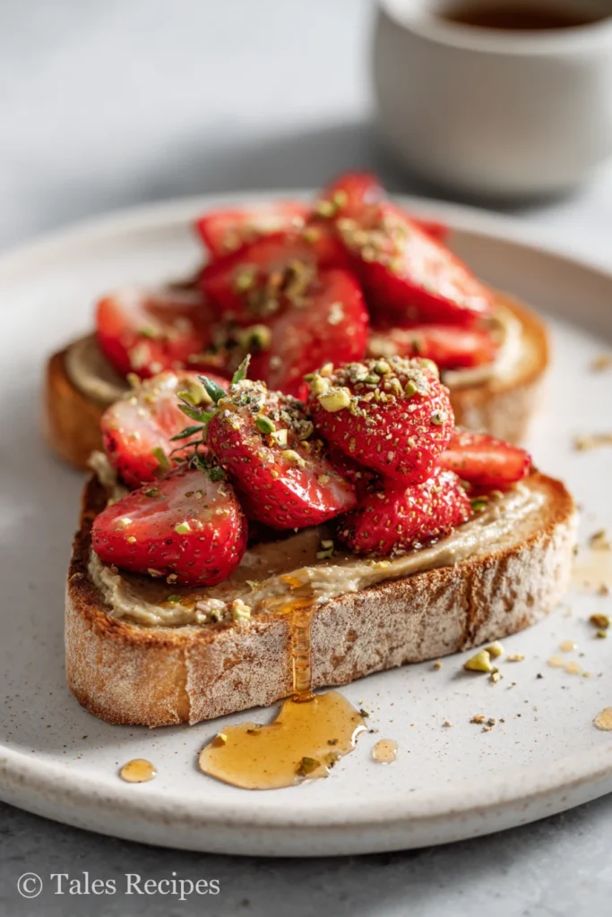 Toast topped with pistachio butter, strawberries, and honey