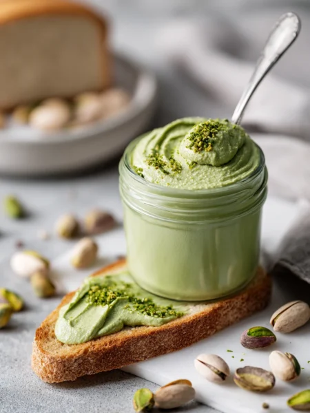 Homemade pistachio cream spread on toast next to a glass jar and scattered pistachios