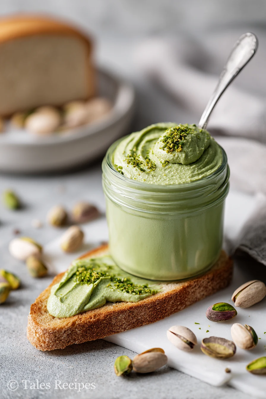 Homemade pistachio cream spread on toast next to a glass jar and scattered pistachios