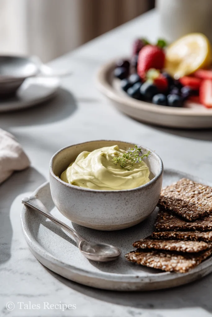 Small bowl of pistachio cream served with apples and crackers for balanced snack