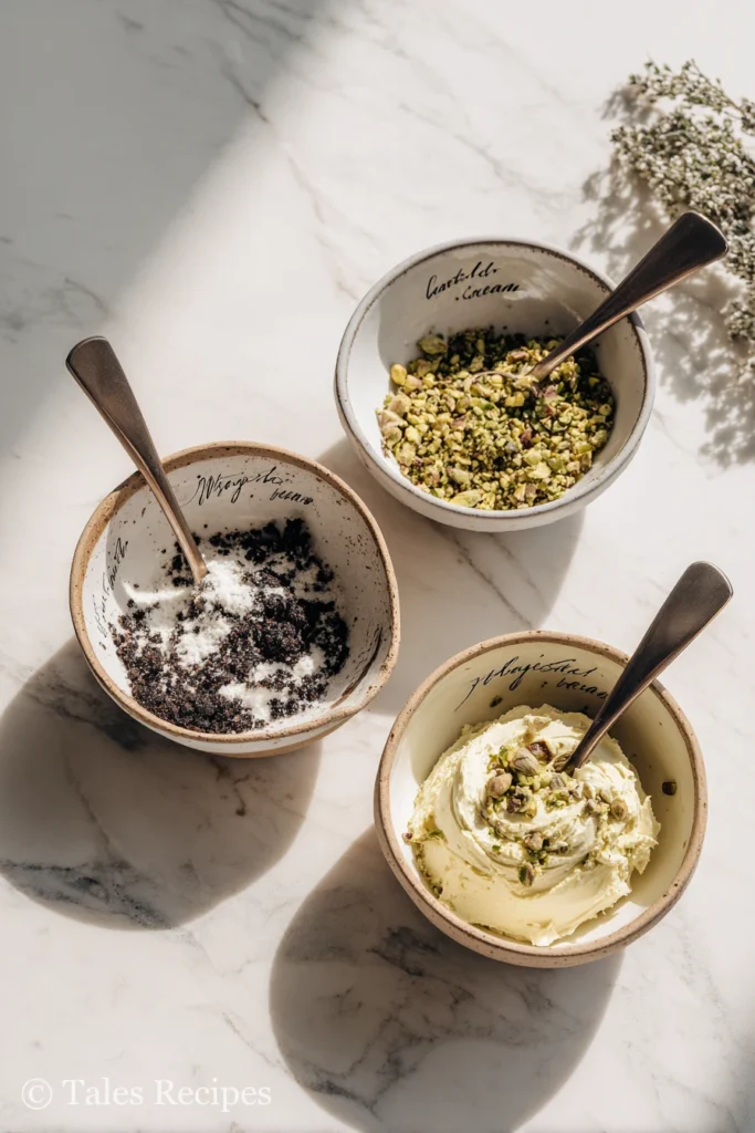 Three pistachio cream bowls showing grit, oiliness, and perfect silky spread