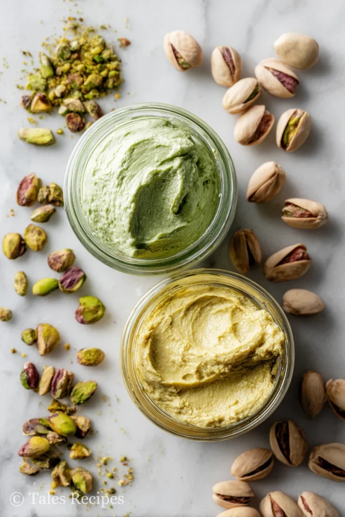 Pistachio cream and pistachio butter jars side by side on marble background
