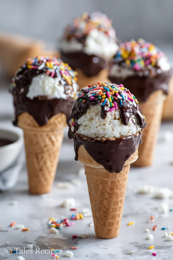 Chocolate dipped cones with sprinkles for rice krispie ice cream cones