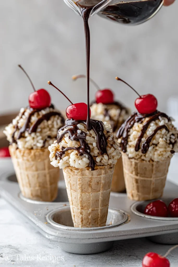 Decorated rice krispie ice cream cones with chocolate and cherry on top