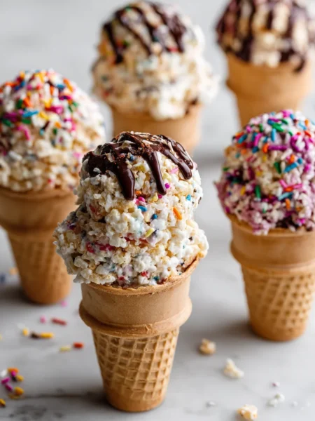Featured rice krispie ice cream cones with sprinkles and chocolate on marble background
