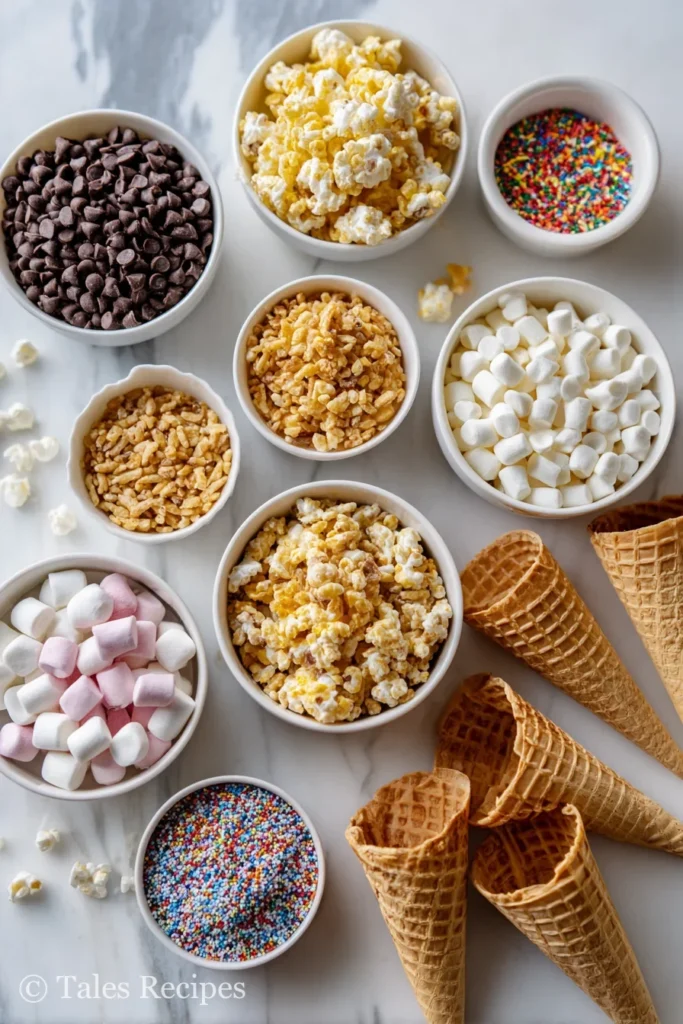 Rice krispie ice cream cones ingredients neatly arranged on white marble background