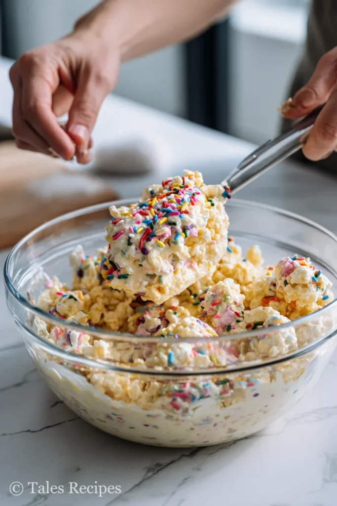 Mixing Rice Krispie cereal and marshmallows for rice krispie ice cream cones