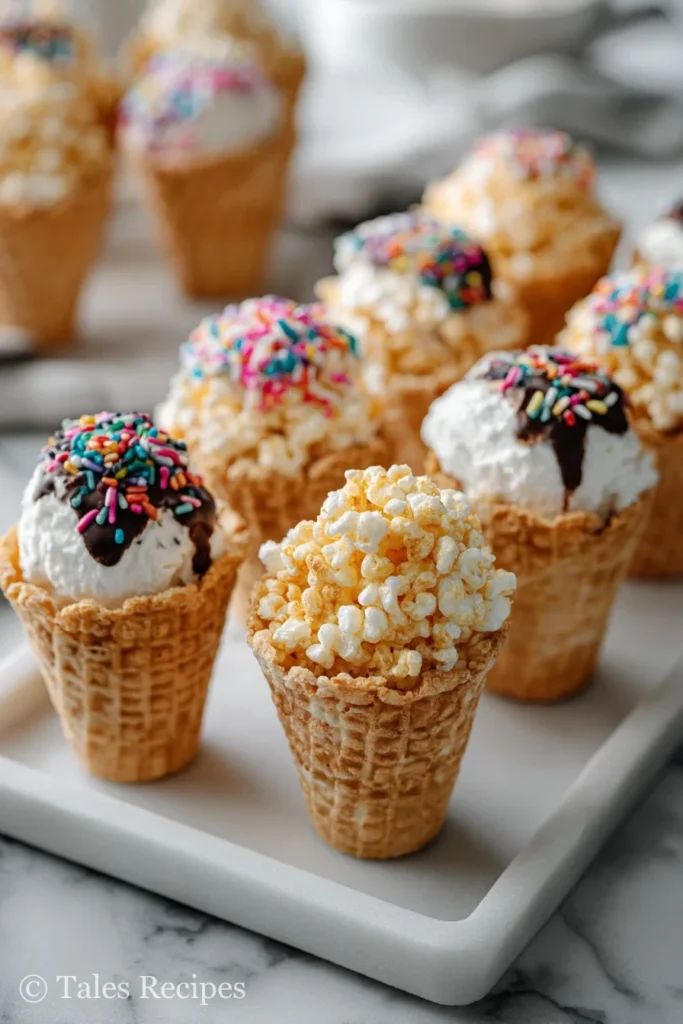 Party tray with decorated rice krispie ice cream cones ready to serve