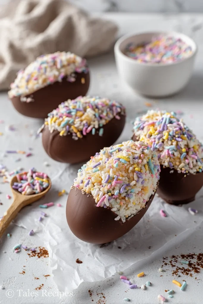Decorating rice krispies treat eggs dipped in chocolate with colorful sprinkles.