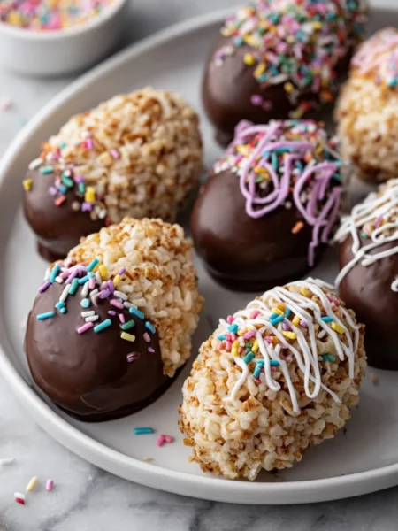 Platter of rice krispies treat eggs dipped in chocolate topped with bright sprinkles.