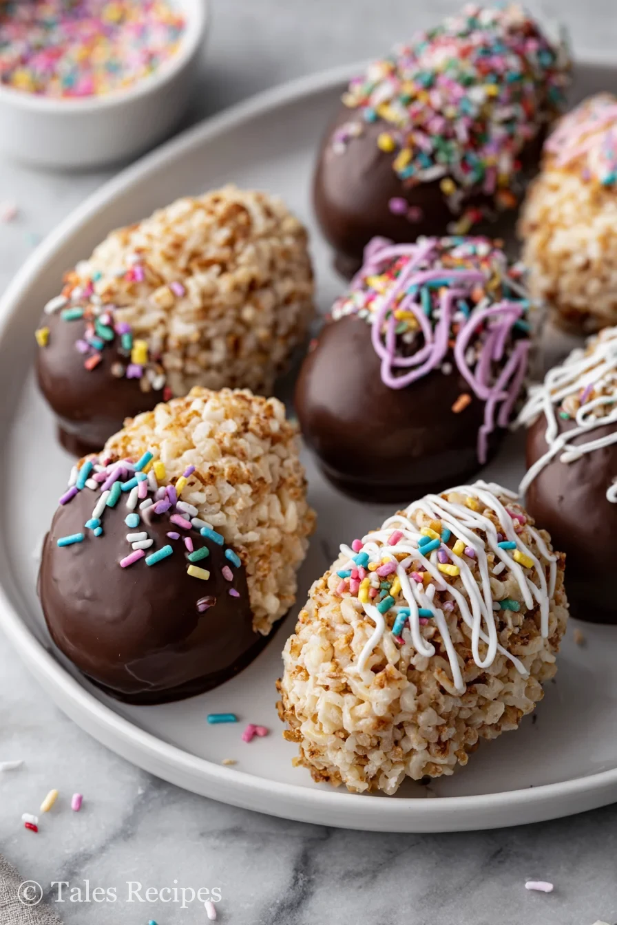 Platter of rice krispies treat eggs dipped in chocolate topped with bright sprinkles.