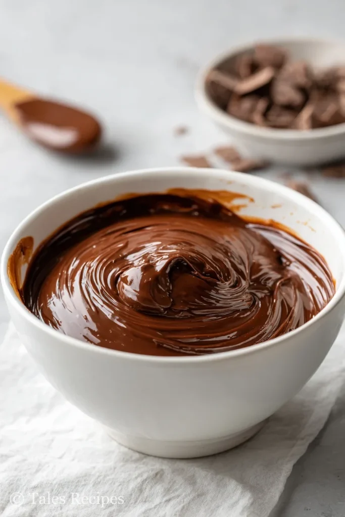 Melted chocolate in bowl for dipping rice krispies treat eggs in chocolate.