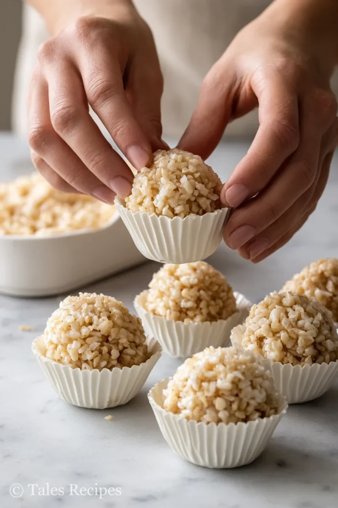 Egg molds being filled with rice krispies treat mixture for chocolate-dipped eggs.