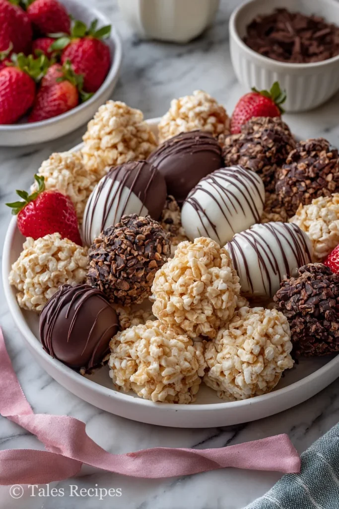 Platter of rice krispies treat eggs dipped in chocolate with fruit for entertaining.
