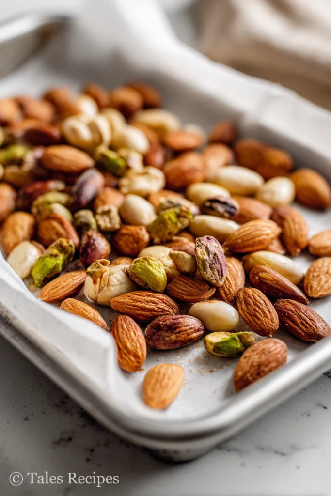 Roasted almonds and pistachios cooling on parchment-lined tray for almond pistachio butter.