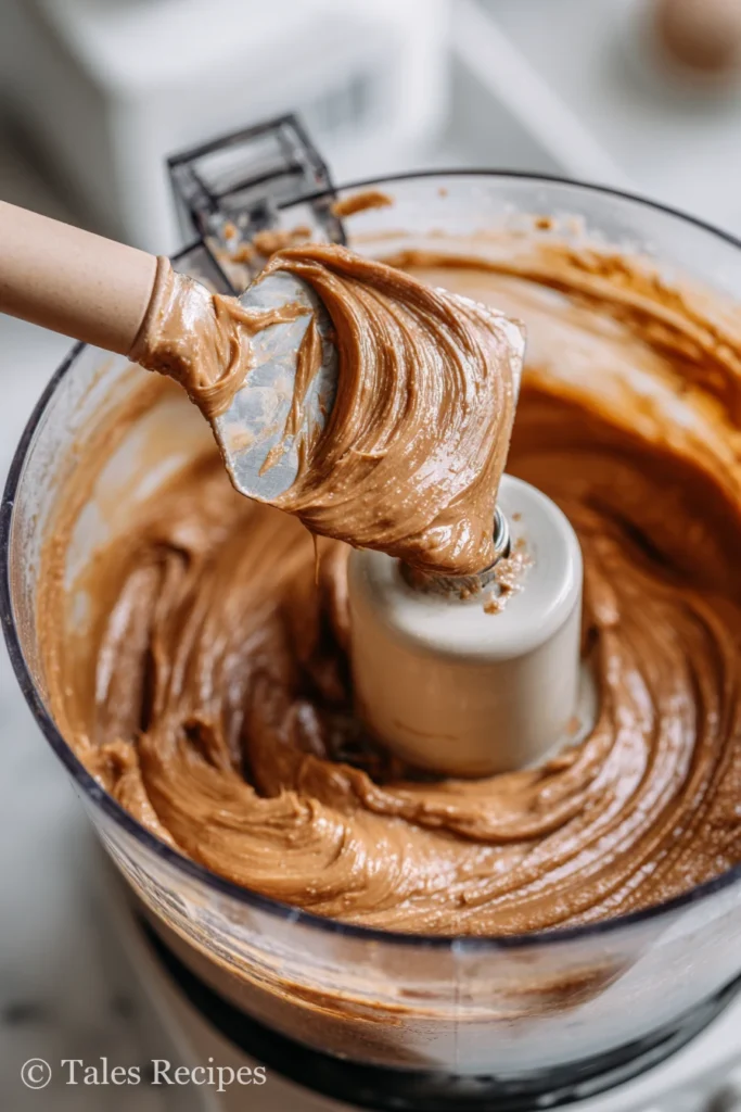 Blended almond pistachio butter in food processor being smoothed with spatula.