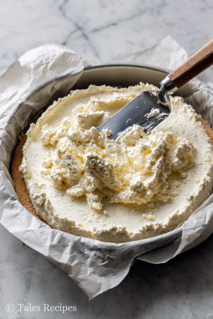Spreading cottage cheese egg pizza crust batter evenly onto parchment in round pan.