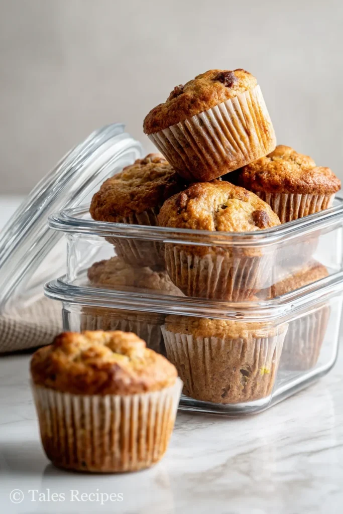 Vegan zucchini muffins in glass airtight container ready for meal prep