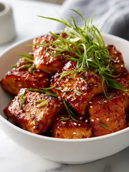 Teriyaki salmon bites oven baked, glazed and garnished in a white bowl