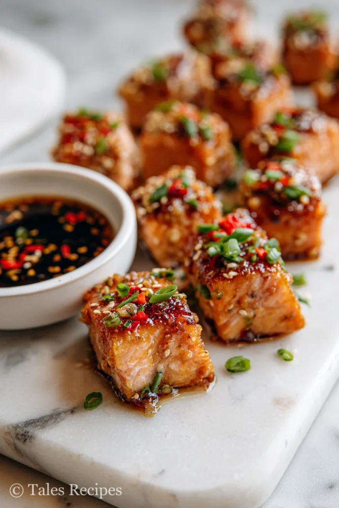 Garnished teriyaki salmon bites oven ready to serve with toppings
