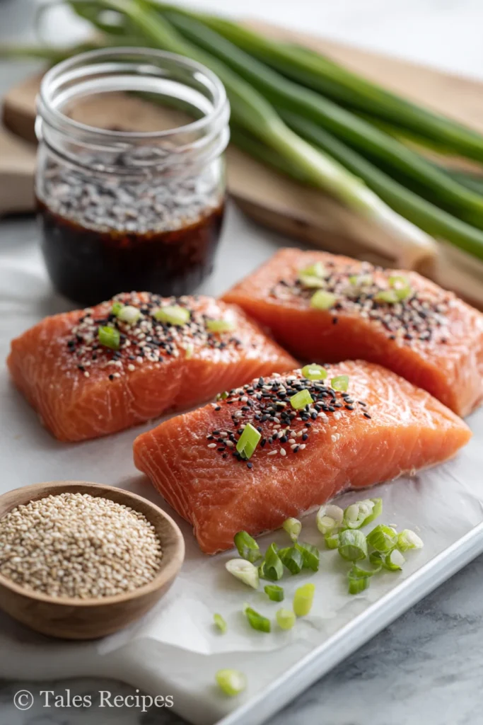 Ingredients for teriyaki salmon bites oven on a white marble background