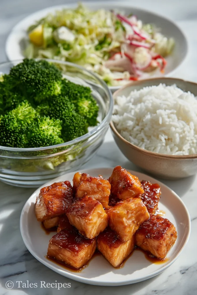 Teriyaki salmon bites oven with rice, broccoli, and salad for family dinner