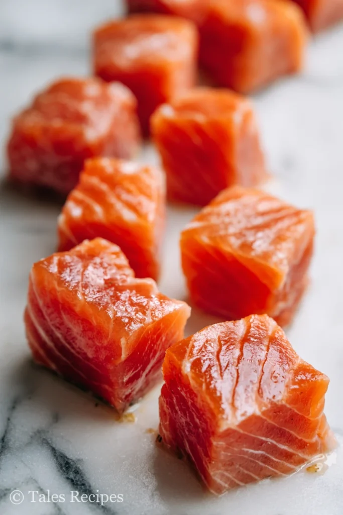 Salmon cut into 1-inch cubes for teriyaki salmon bites oven preparation
