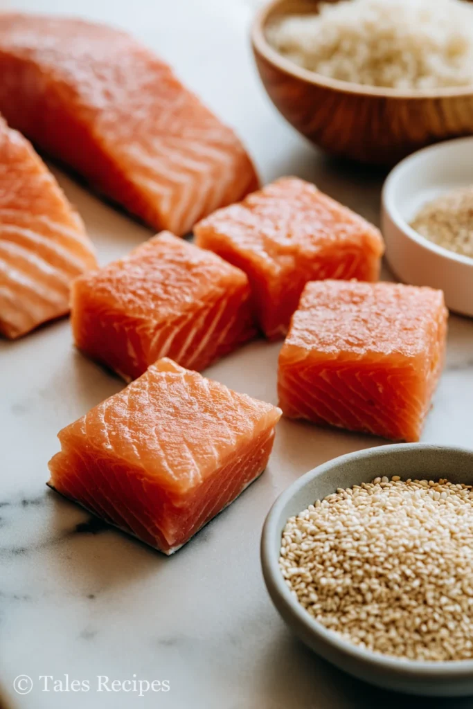 Salmon cubes for thai peanut salmon bites arranged on marble