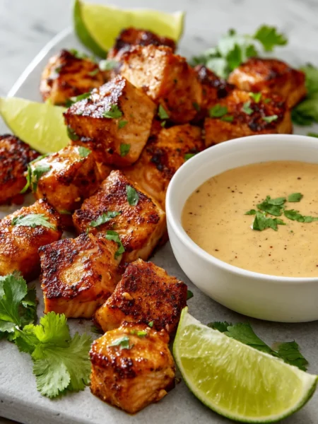 Thai peanut salmon bites plated with creamy peanut sauce and fresh lime slices