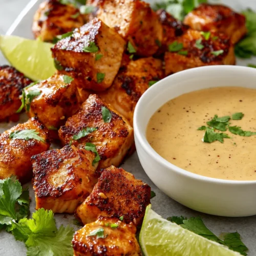 Thai peanut salmon bites plated with creamy peanut sauce and fresh lime slices