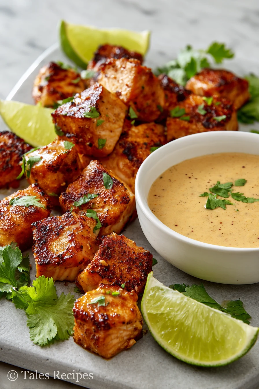 Thai peanut salmon bites plated with creamy peanut sauce and fresh lime slices
