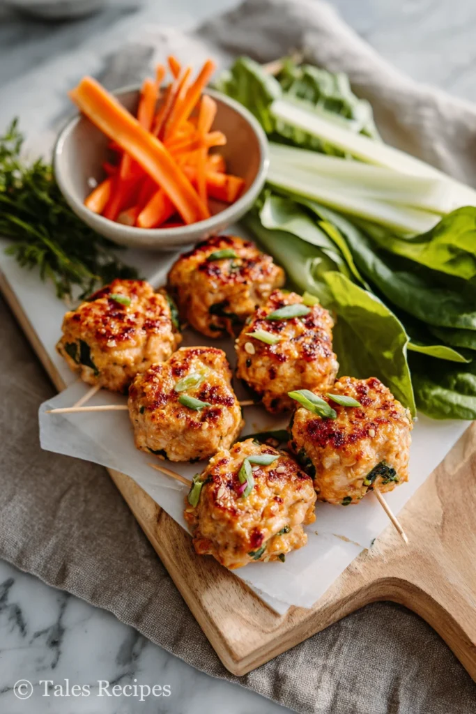 Thai peanut salmon bites with nutrition highlights and fresh vegetables