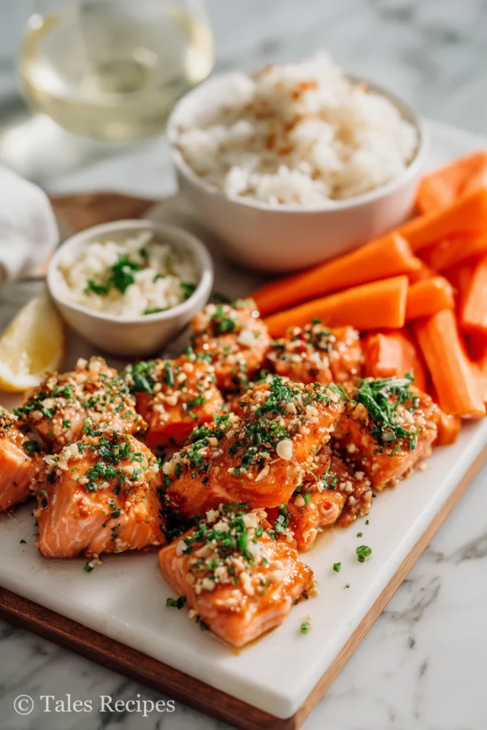 Party platter with thai peanut salmon bites and sides on marble