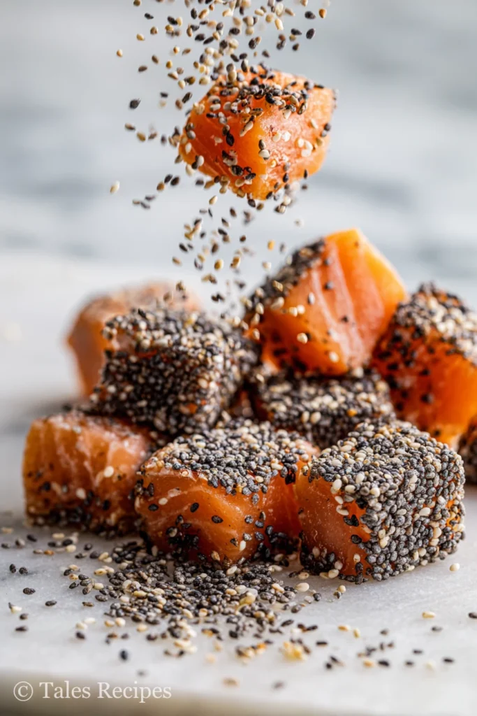 Coating salmon cubes with sesame for thai peanut salmon bites