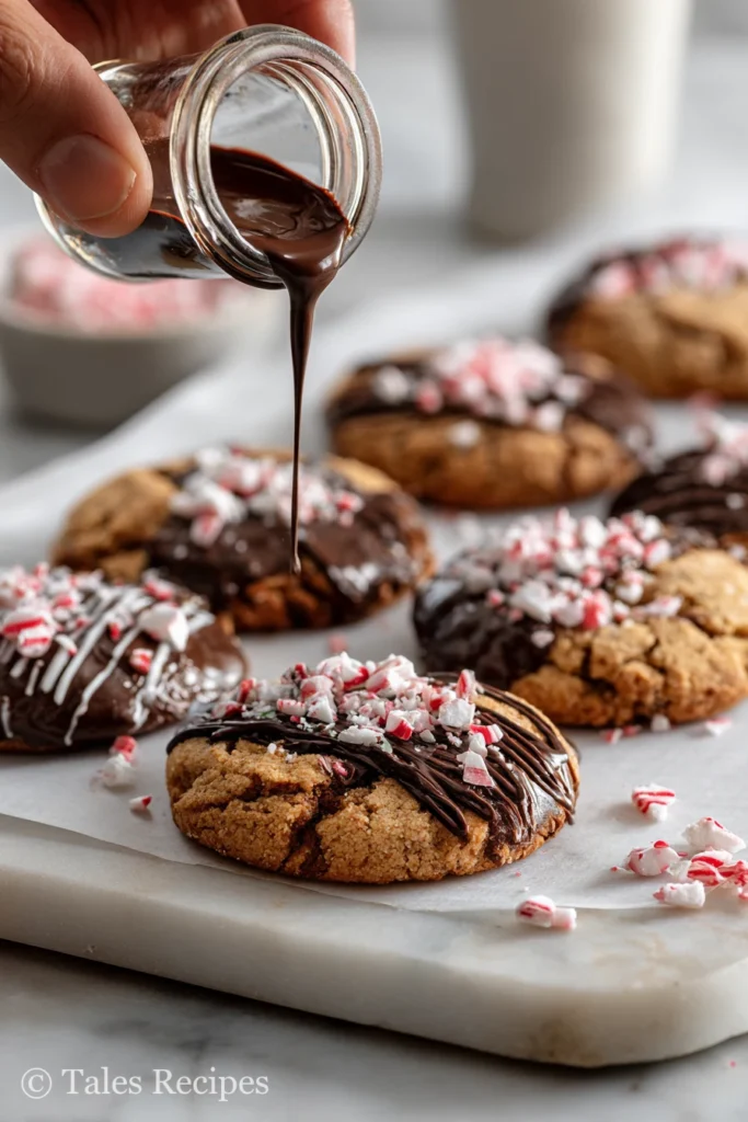 Decorating triple chocolate peppermint cookies with melted chocolate and crushed candy canes