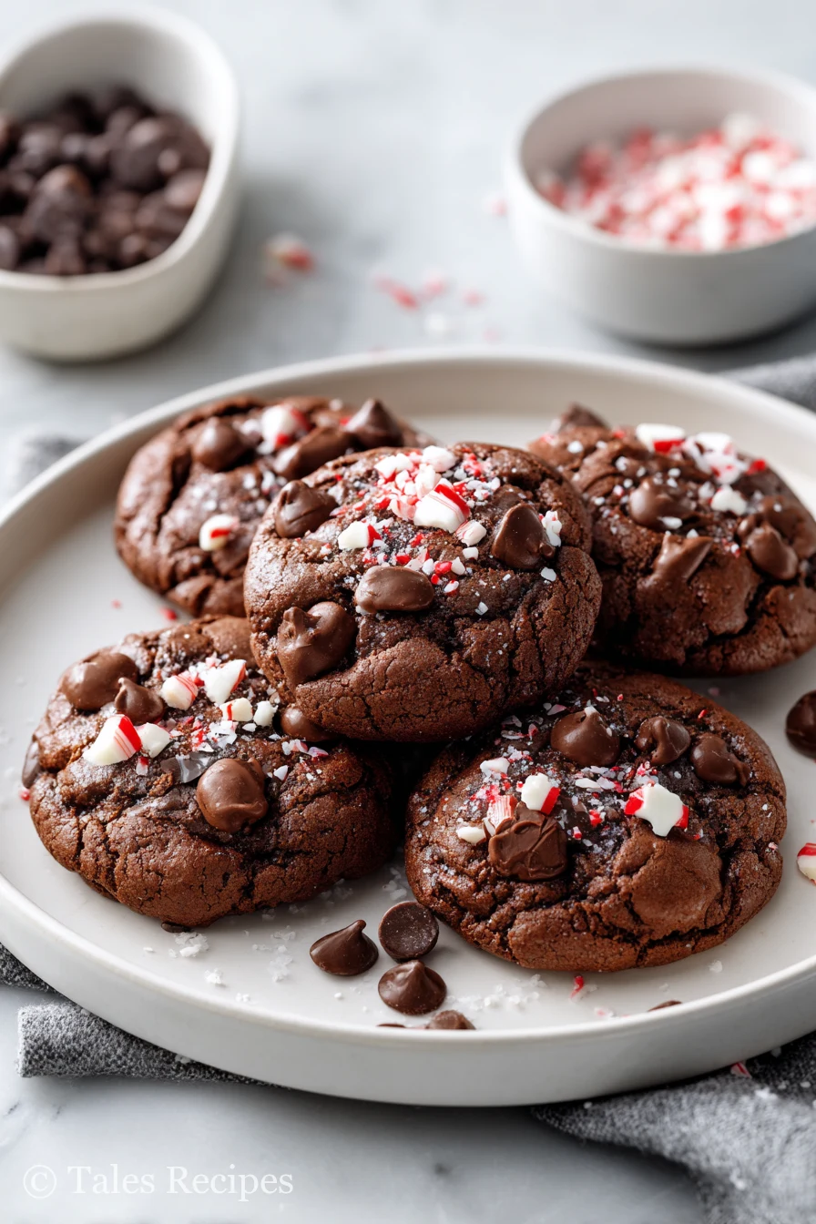 Triple chocolate peppermint cookies arranged on a plate with peppermint and chocolate chips