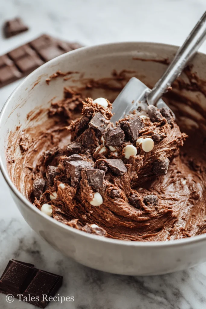 Folding triple chocolate chips into peppermint cookie dough for baking