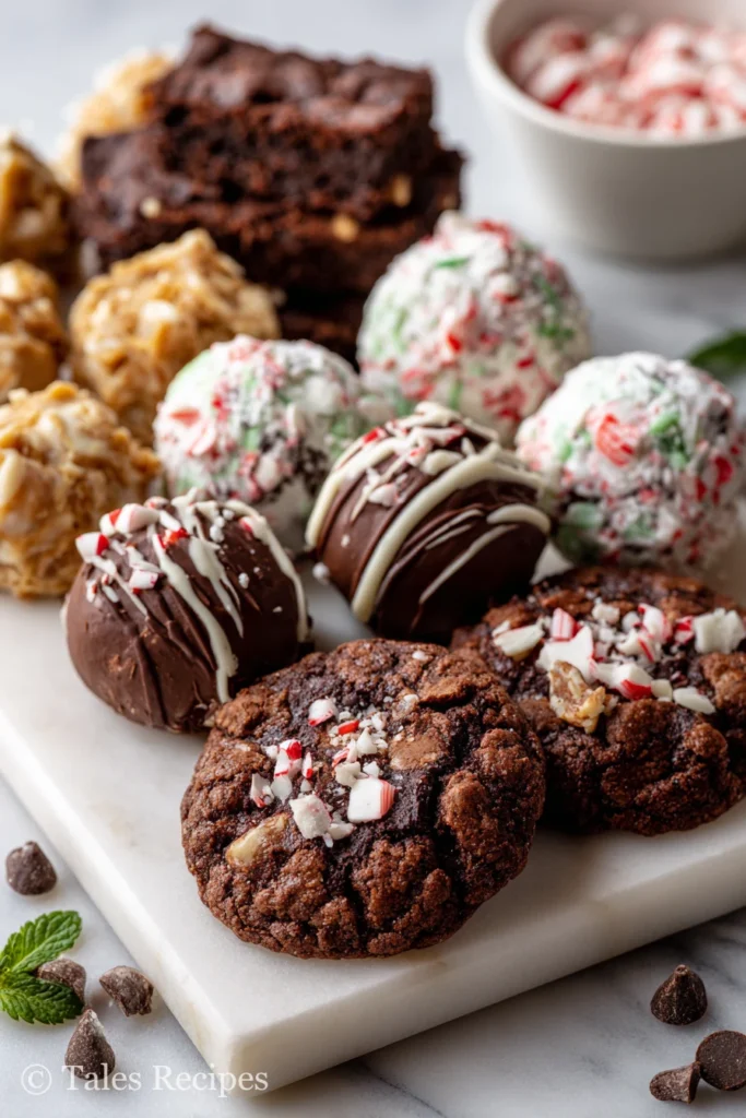 Holiday platter featuring triple chocolate peppermint cookies with brownies and truffles