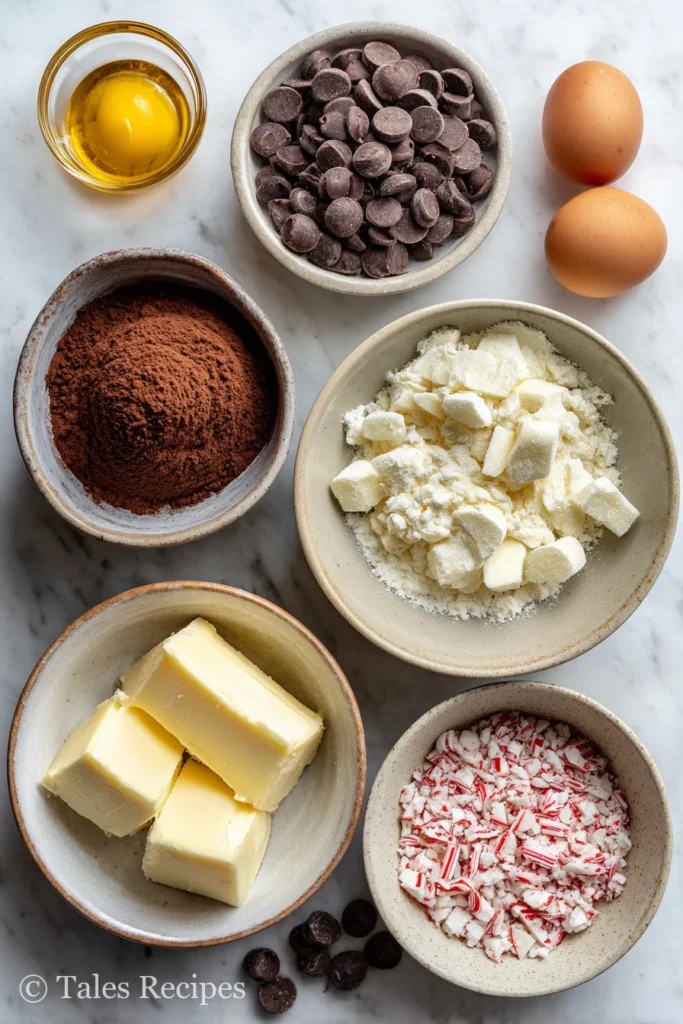 Ingredients for triple chocolate peppermint cookies grouped on white marble background