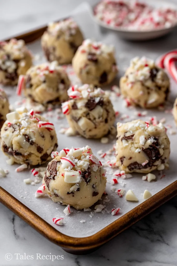 Scooped dough balls for triple chocolate peppermint cookies on a baking sheet