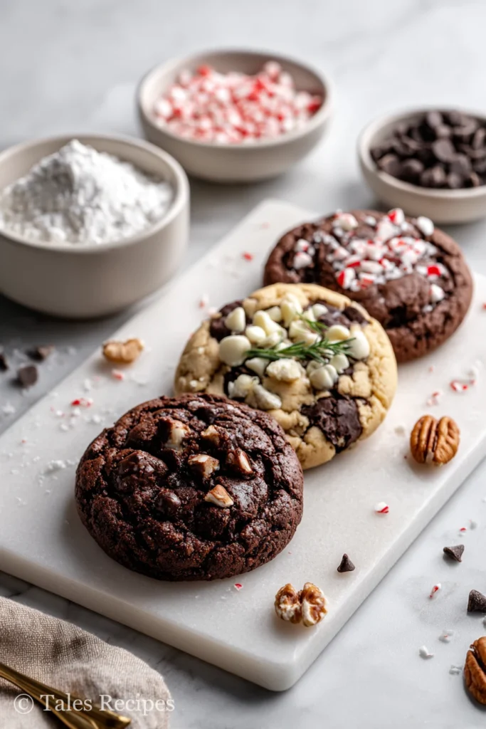 Triple chocolate peppermint cookie types with various mix-ins on white marble