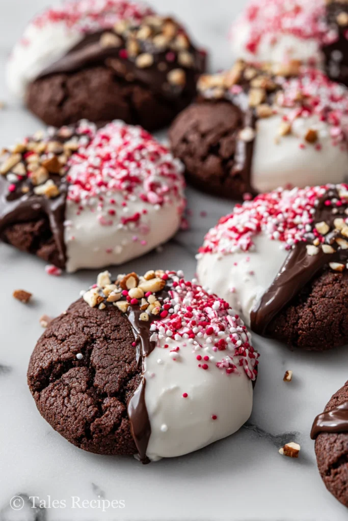 Decorated vegan chocolate peppermint cookies dipped in chocolate with sprinkles and nuts